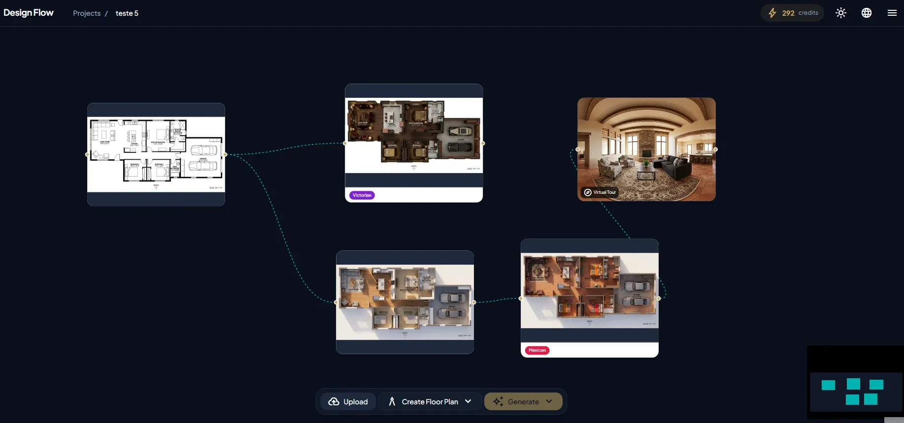 AI interior design workflow diagram showing upload, style selection, and photorealistic render generation