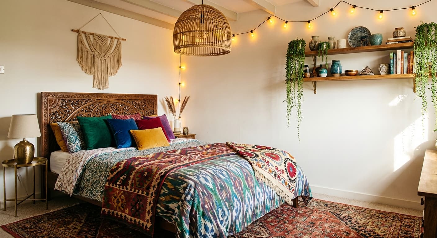 Bohemio interior design style - AI photorealistic render by Lumiforma