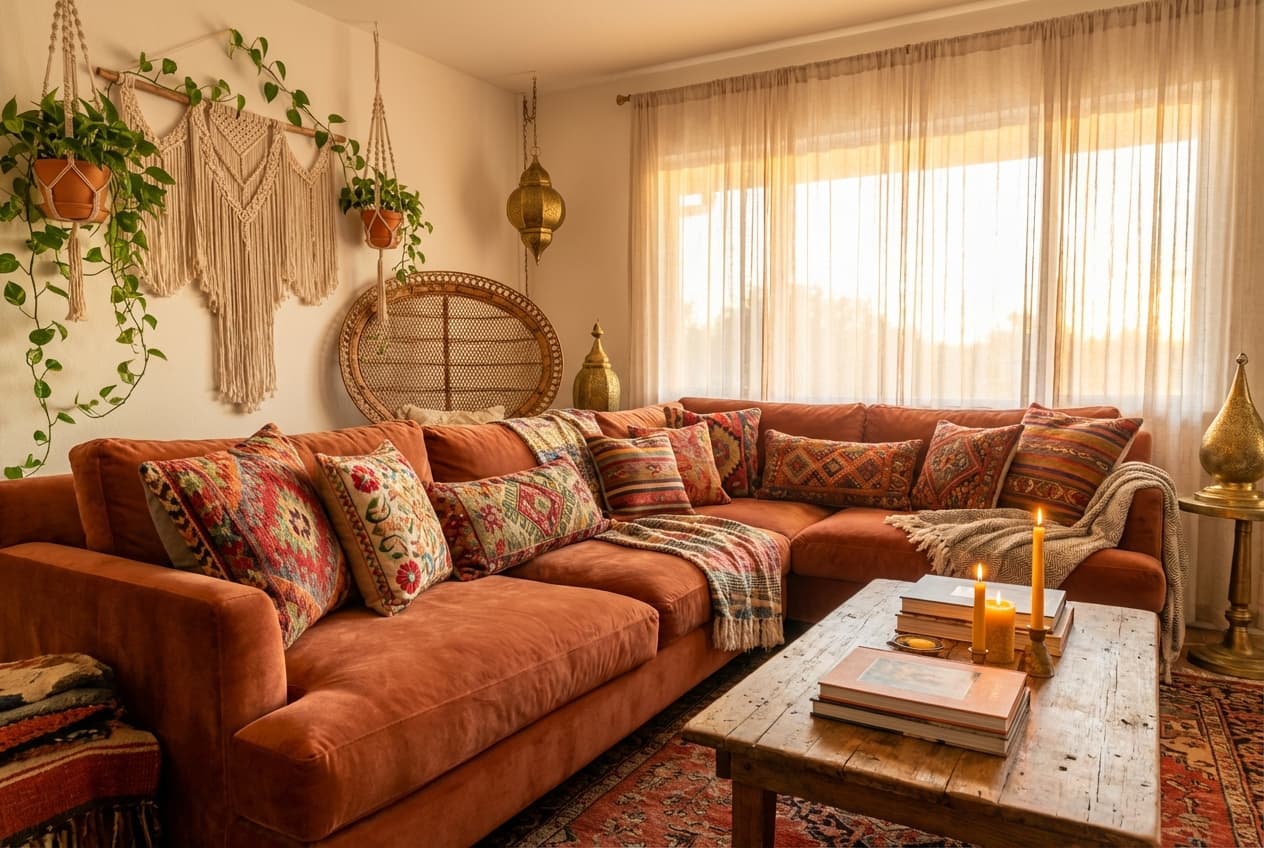 Boho interior design style - AI photorealistic render by Lumiforma