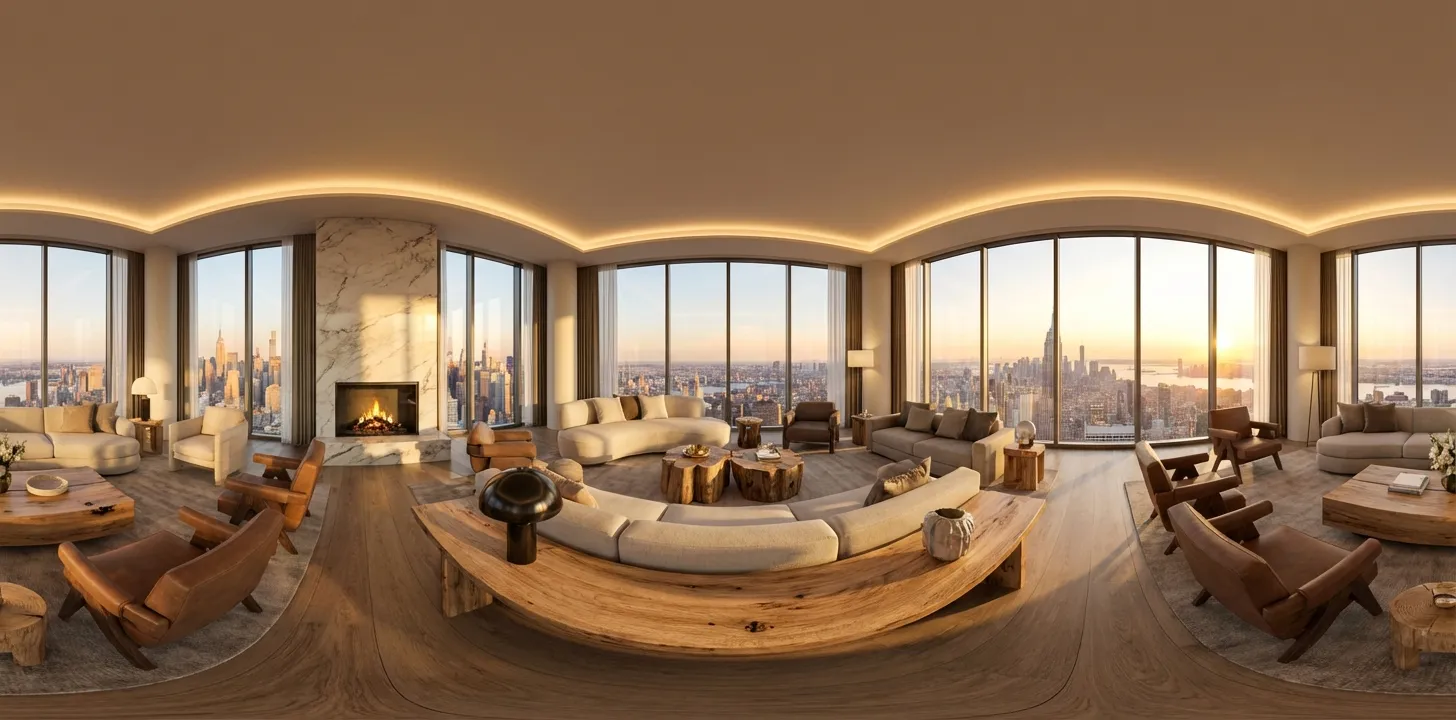 Interactive 360 degree virtual tour of AI rendered luxury interior with panoramic view